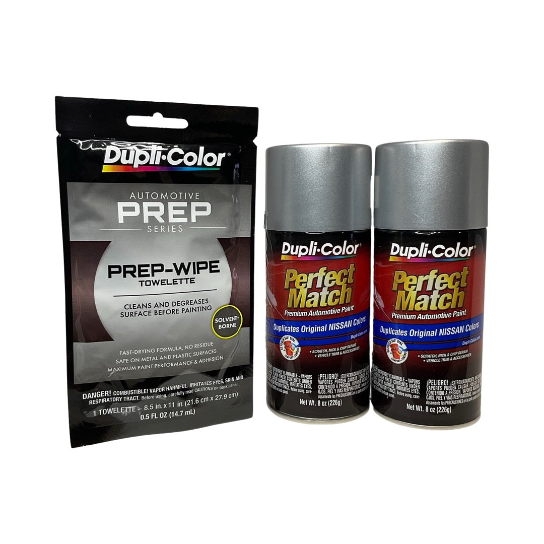 Dupli-Color BNS0598 2 Pack + Prep Wipe Bundle - Nissan Silver Mist Metallic Perfect Match Automotive Spray Paint - 8 oz. cans with Prep Wipe (3 Items)