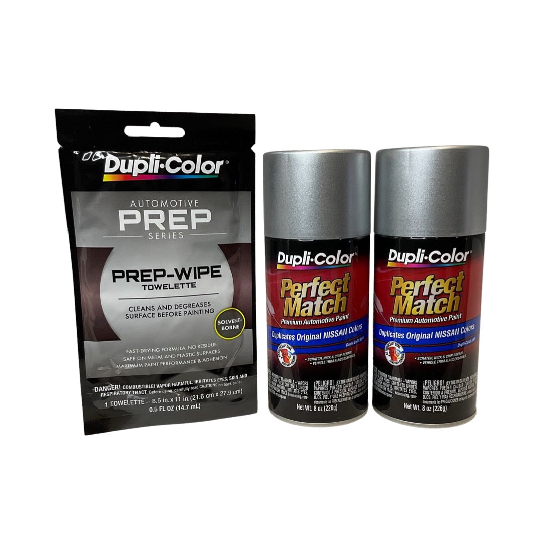 Dupli-Color BNS0601 2 Pack + Prep Wipe Bundle - Nissan Silver Metallic Perfect Match Automotive Spray Paint - 8 oz. cans with Prep Wipe (3 Items)